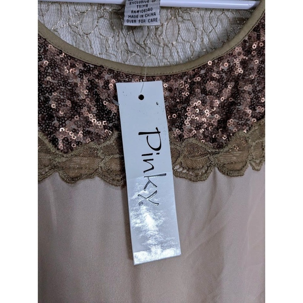 Pinky Womens Gold Sequin Lace‎ Mesh L Fit Flare  Party Dress Cream Bronze NWT - Picture 3 of 8